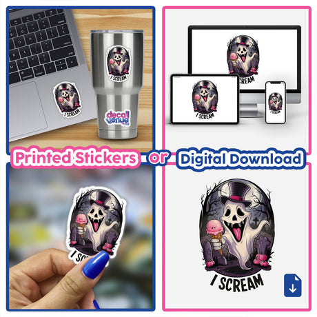 Spooky Halloween skull with ghostly expression on product images including stickers, digital download, and merchandise