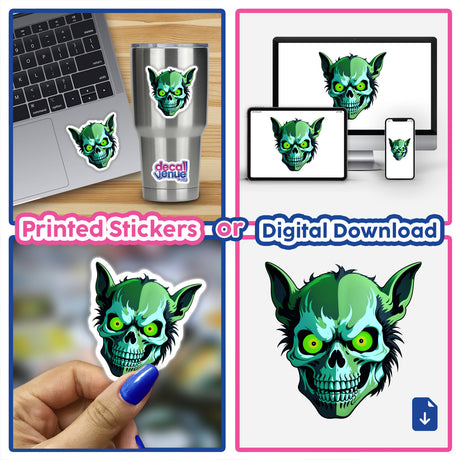 Hybrid Human Dog Skull sticker collage on laptop, cup, and surfaces, showcasing unique vinyl designs from Decal Venue. Available as stickers or digital artwork for personalized decor.