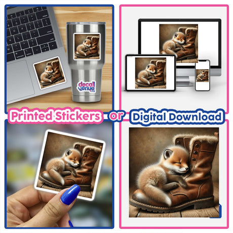 Collage showcasing Baby Fox in Leather Boot stickers or digital artwork, featuring a fox asleep inside a boot, displayed on a laptop, mug, and hand-held photo.