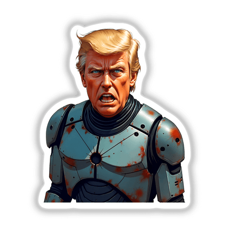 Futuristic President Donald Trump depicted in a metal suit with detailed facial features, available as unique vinyl stickers or digital artwork from Decal Venue.