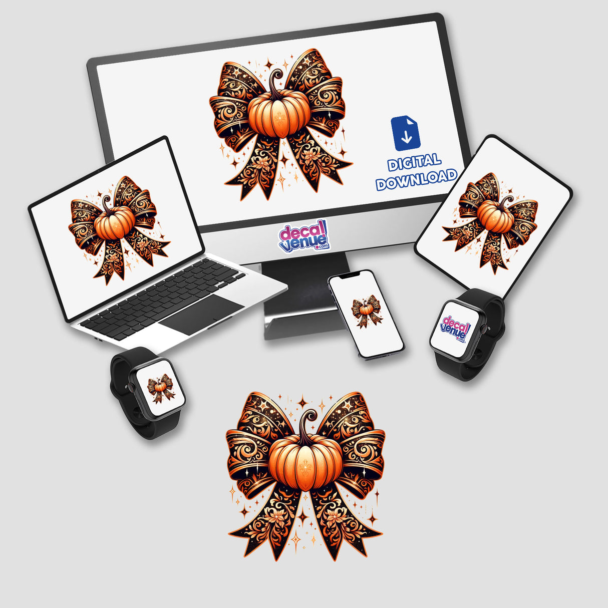 Laptop and phone screens featuring Fall Pumpkin Carved Coquette Bow designs, available as stickers or digital artwork.