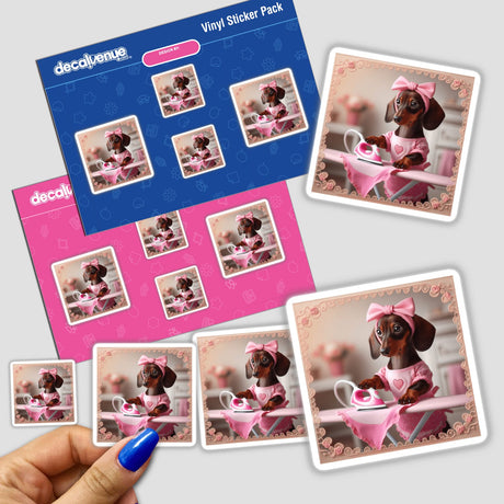 a person holding a sticker with a picture of a dog on it