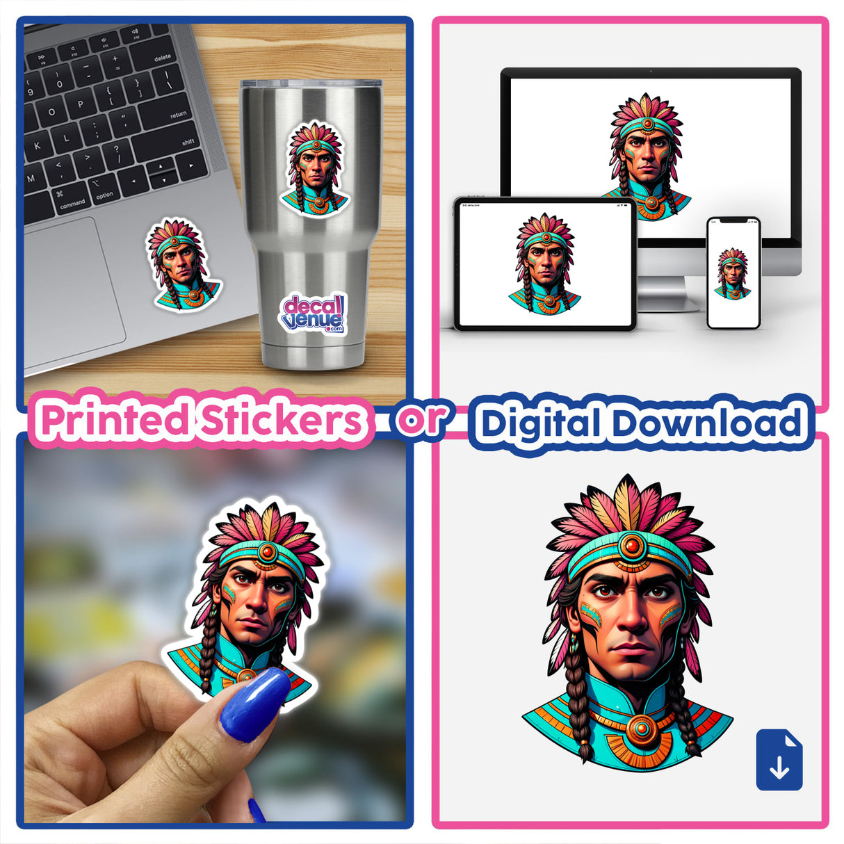 Collage featuring A Native American Warrior Chief as stickers and digital art, displayed on a laptop and cup, highlighting intricate headdress details in a vibrant, cultural design.