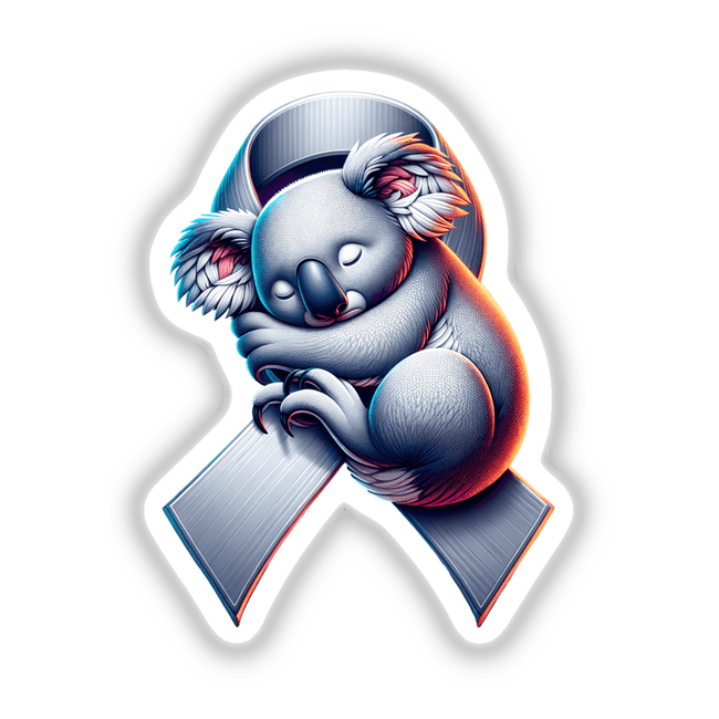 Sleepy Koala Grey Ribbon Brain Cancer Awareness features a cartoon koala hugging a grey ribbon, symbolizing support. Available as stickers or digital artwork, it showcases Decal Venue's unique style.