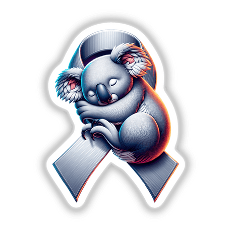 Sleepy Koala Grey Ribbon Brain Cancer Awareness features a cartoon koala hugging a grey ribbon, symbolizing support. Available as stickers or digital artwork, it showcases Decal Venue's unique style.