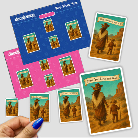 Boho Western Mother’s Day Sticker and Clipart, Turquoise Trailblazer, held in a hand. Available as stickers or digital artwork, showcasing unique design elements for versatile usage.