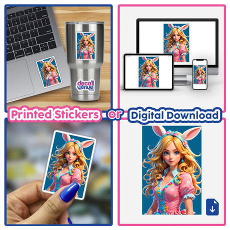 A collage featuring 'A Cute Easter Bunny Girl' with long blonde hair and bunny ears, displayed on a laptop and phone, available as stickers or digital artwork.