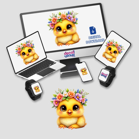 Baby Chick Wearing a Blooming Floral Crown depicted on a computer monitor and laptop screen, showcasing its cute design as part of Decal Venue's unique vinyl stickers and digital art collection.