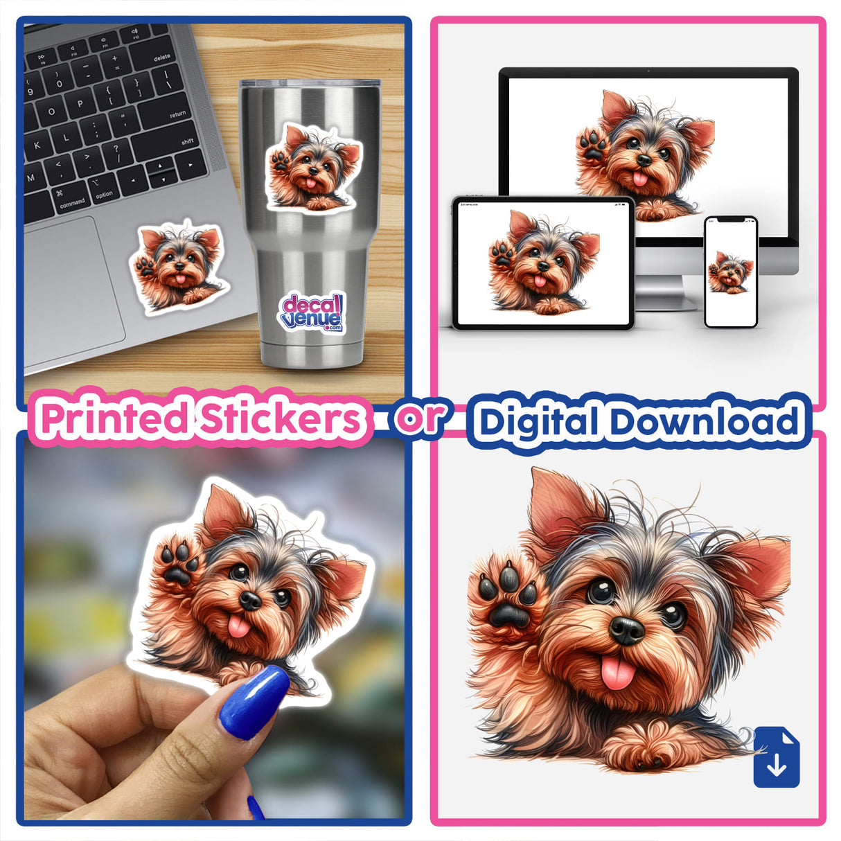 Peeking Yorkie Dog Waving Hello sticker on a laptop, depicting a cute dog with its paw raised. Available as stickers or digital artwork.