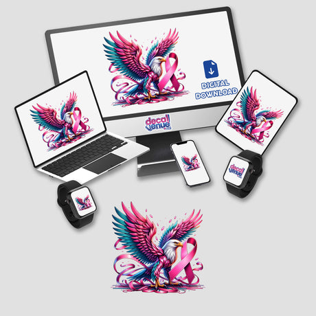 Majestic Eagle Pink Ribbon Breast Cancer Awareness sticker features a vibrant eagle and pink ribbon design, suitable as a unique vinyl decal or digital artwork from Decal Venue.