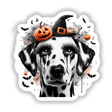 Spooky Halloween Dalmatian Dog with pumpkins on its head, available as stickers or digital artwork.