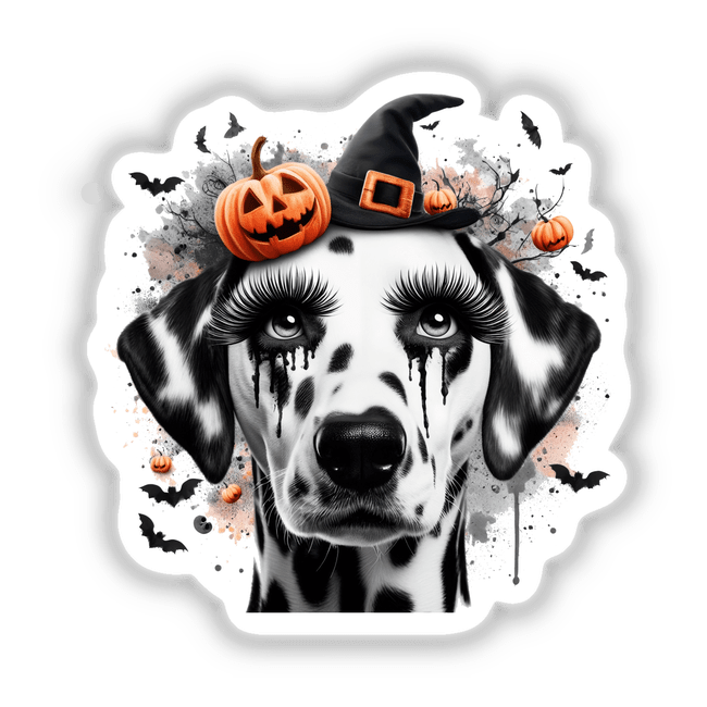 Spooky Halloween Dalmatian Dog with pumpkins on its head, available as stickers or digital artwork.