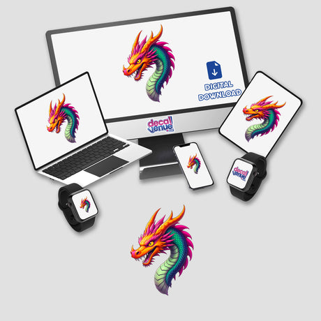 A Cool Fantasy Dragon displayed on various devices, offering a vibrant depiction available as unique stickers or digital artwork.