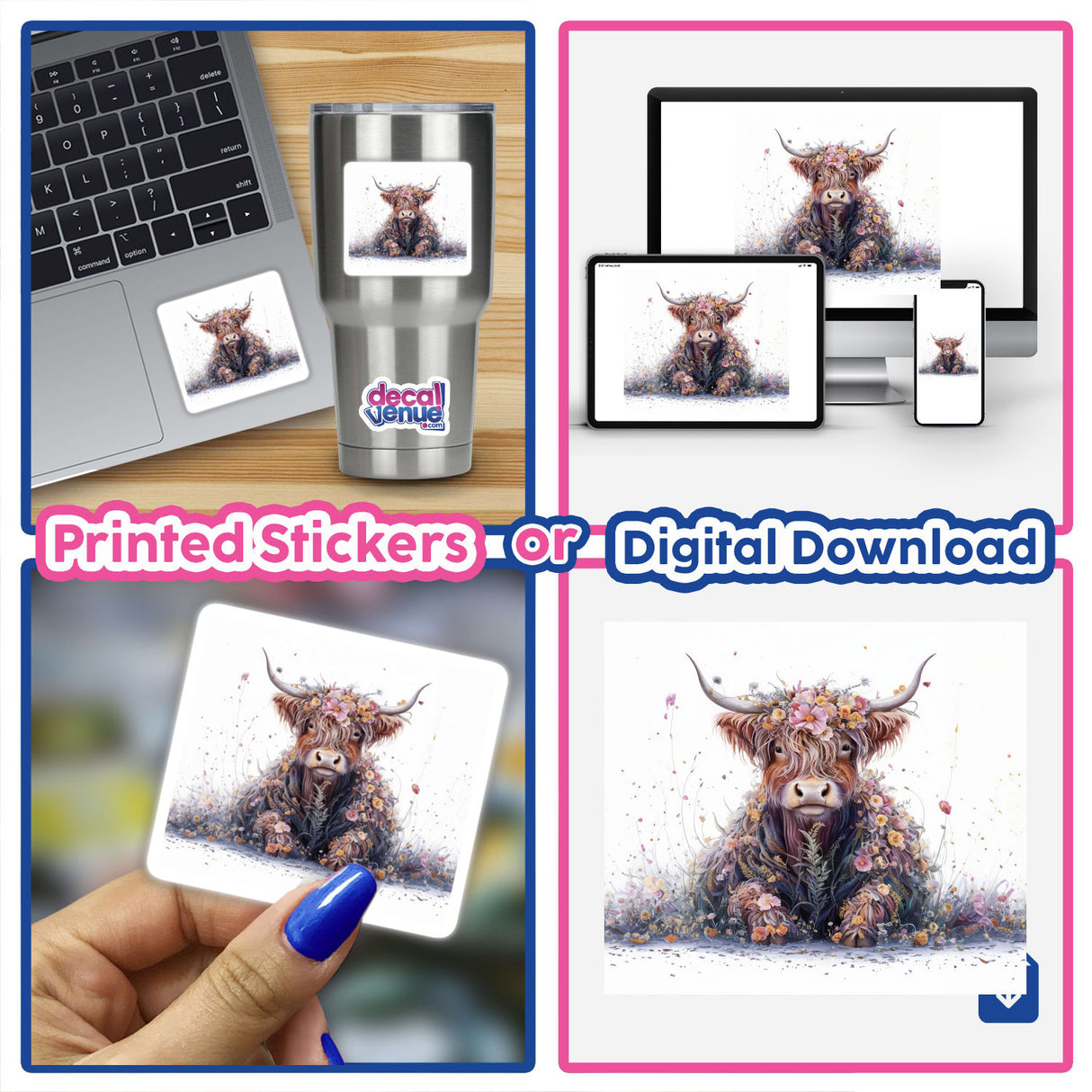 Majestic Highland Cow with Flowers in Meadow