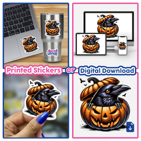 Raven peeking out from carved pumpkin, Halloween digital artwork or sticker design for Decal Venue store.
