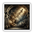 Baroque Noir - Dramatic Chiaroscuro with a Modern Edge: A painting of angels in a room, featuring a bird with wings spread and a statue of a woman holding a spear. Available as Stickers or Digital Artwork.