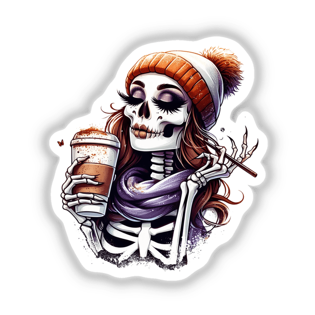 Sassy Skeleton Pumpkin Spice Mama: A cartoon skeleton holding a coffee cup and cigarette, available as stickers or digital artwork.