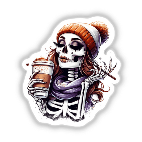 Sassy Skeleton Pumpkin Spice Mama: A cartoon skeleton holding a coffee cup and cigarette, available as stickers or digital artwork.