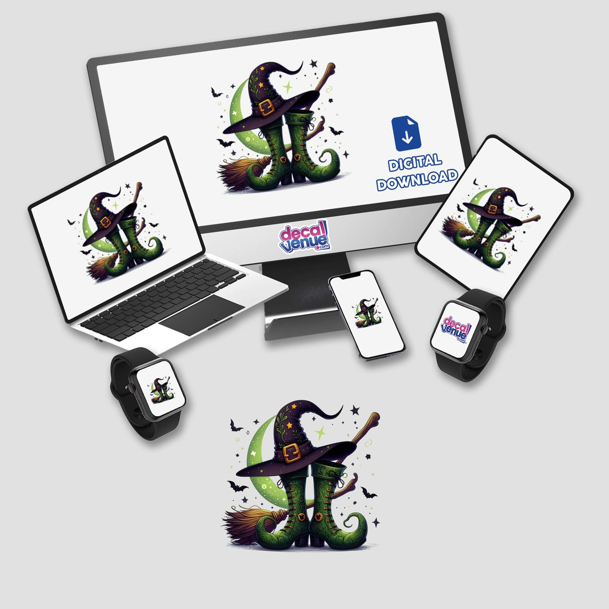 Green Witch Boots Broom Stick and Hat