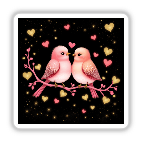 Lovebirds on a Pink Branch with Gold Hearts depicts two birds perched on a branch, designed as stickers or digital artwork, reflecting Decal Venue's unique artistic flair.