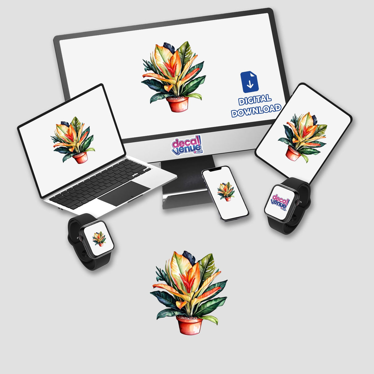 Exotic Leaves and Sansevieria Sticker | Watercolor Tropical Plant Art displayed on a laptop and monitor screen, showcasing vibrant plant designs for unique stickers or digital artwork.