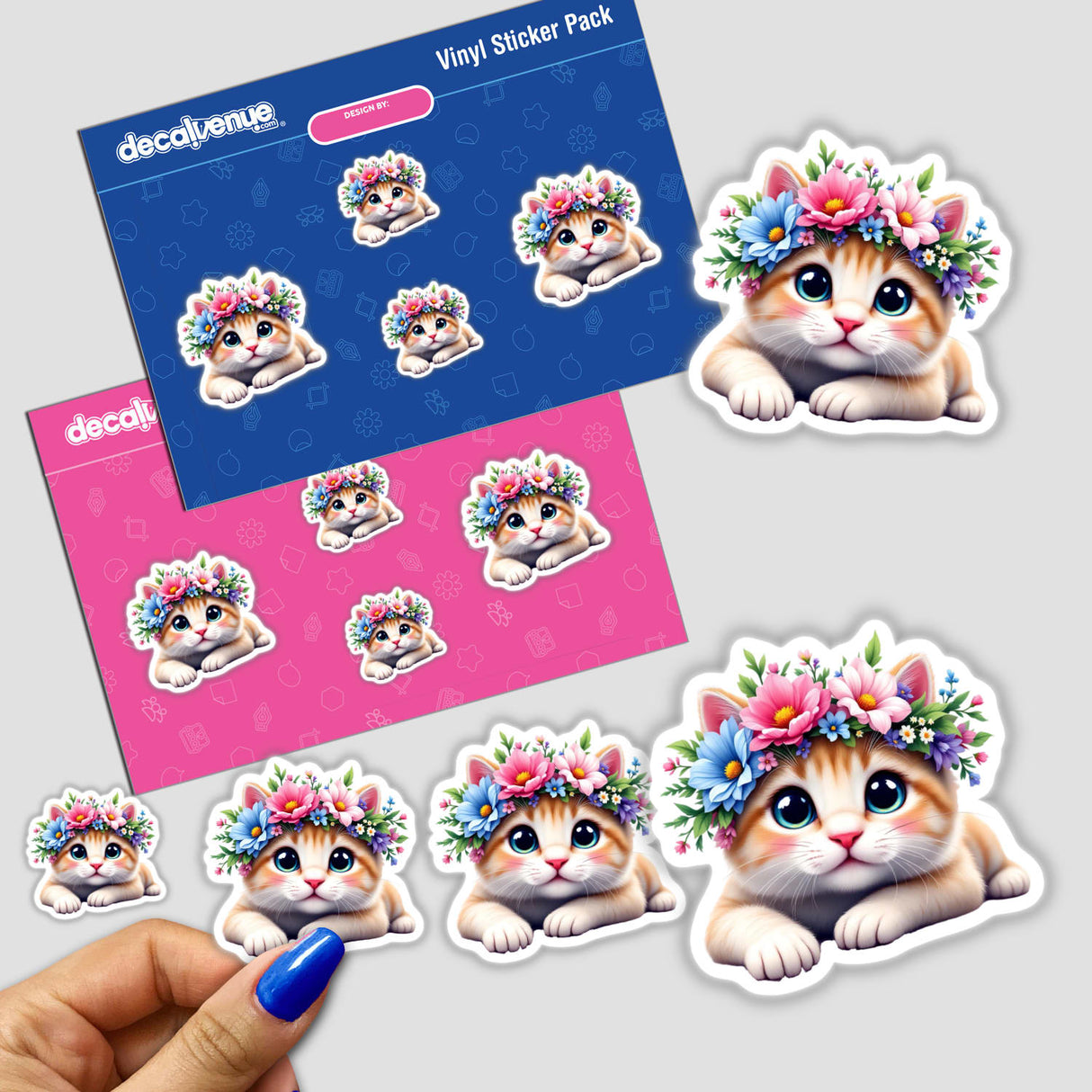 Sweet Cat Wearing a Vibrant Flower Crown stickers, featuring charming cat illustrations adorned with flower crowns, held in a hand. Perfect for embellishing spaces, reflecting Decal Venue's unique vinyl sticker collection.