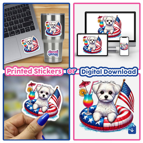 Maltese dog on American flag float available as Stickers or digital art on Shopify.