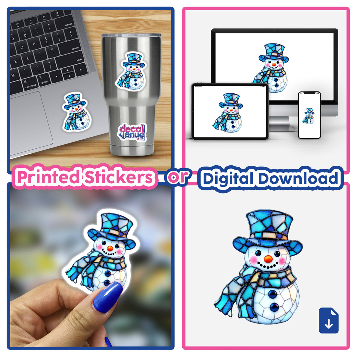 Snowman Stained Glass Style sticker collage featuring a snowman with a hat and scarf, shown on a laptop, highlighting its use as both stickers and digital artwork.