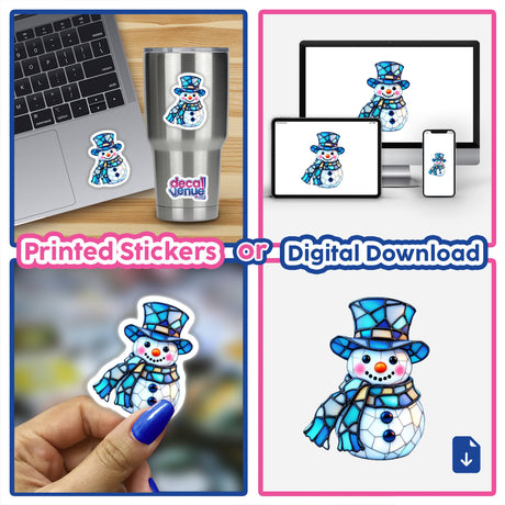 Snowman Stained Glass Style sticker collage featuring a snowman with a hat and scarf, shown on a laptop, highlighting its use as both stickers and digital artwork.