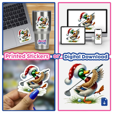 Mallard Duck Santa Swinging Golf Club sticker, depicting a cartoon duck in a Santa hat with a golf club. Available as stickers or digital artwork from Decal Venue.