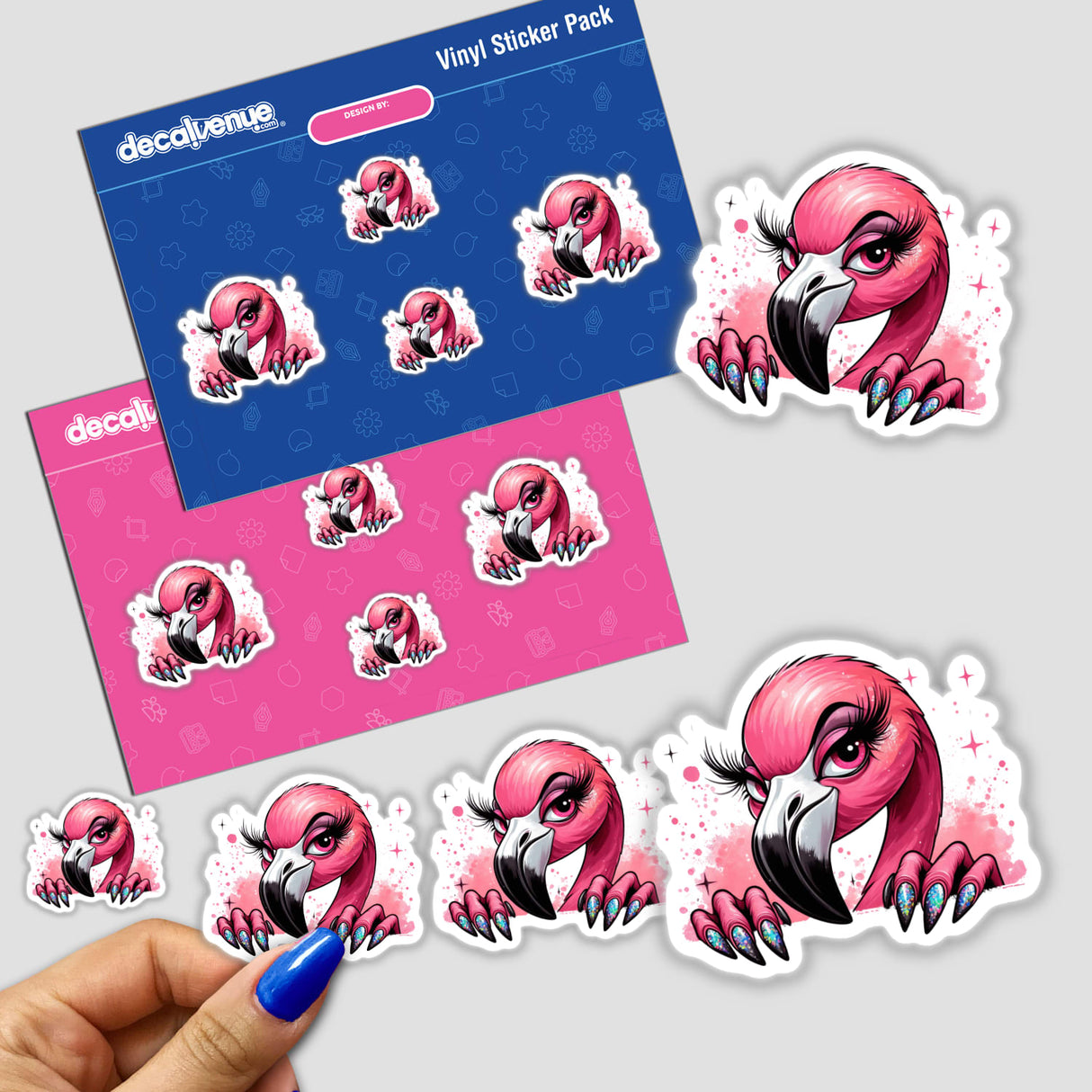 Whimsical Flamingo Sticker Pack - Decorative vinyl stickers featuring a sassy, pink flamingo with glittery nails, peeking out playfully from the image.