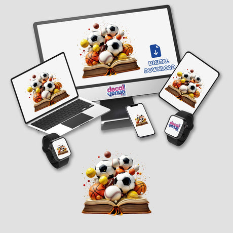 Sports Ball Collection Emerging from an Open Book: An artistic depiction of sports balls bursting from a book, available as vibrant stickers or digital art, perfect for sports enthusiasts.