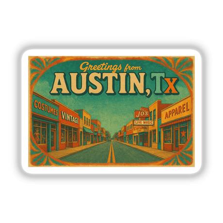 Greetings from Austin Postcard Sticker or Clipart features vintage Capitol art, available as stickers or digital artwork, showcasing a retro design with commercial rights for versatile use.