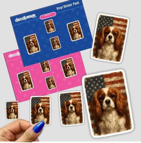 Cavalier King Charles Spaniel Patriotic Sticker features the dog with expressive eyes on a distressed American flag background, perfect for laptops or planners, aligning with Decal Venue's unique vinyl and digital art offerings.
