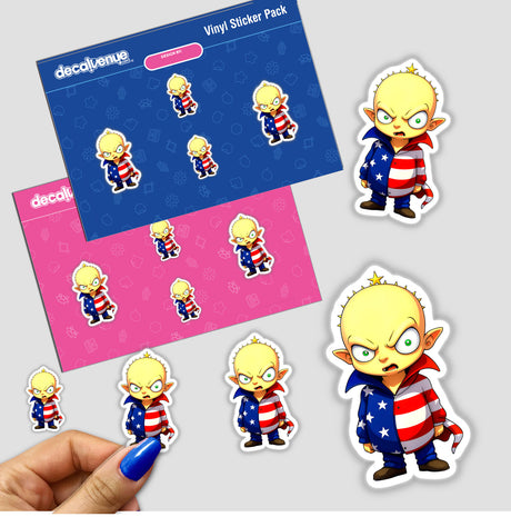 Sticker featuring a funny guy in an American flag outfit, showcasing a cartoon character design. Available as both a physical sticker and digital artwork from Decal Venue.
