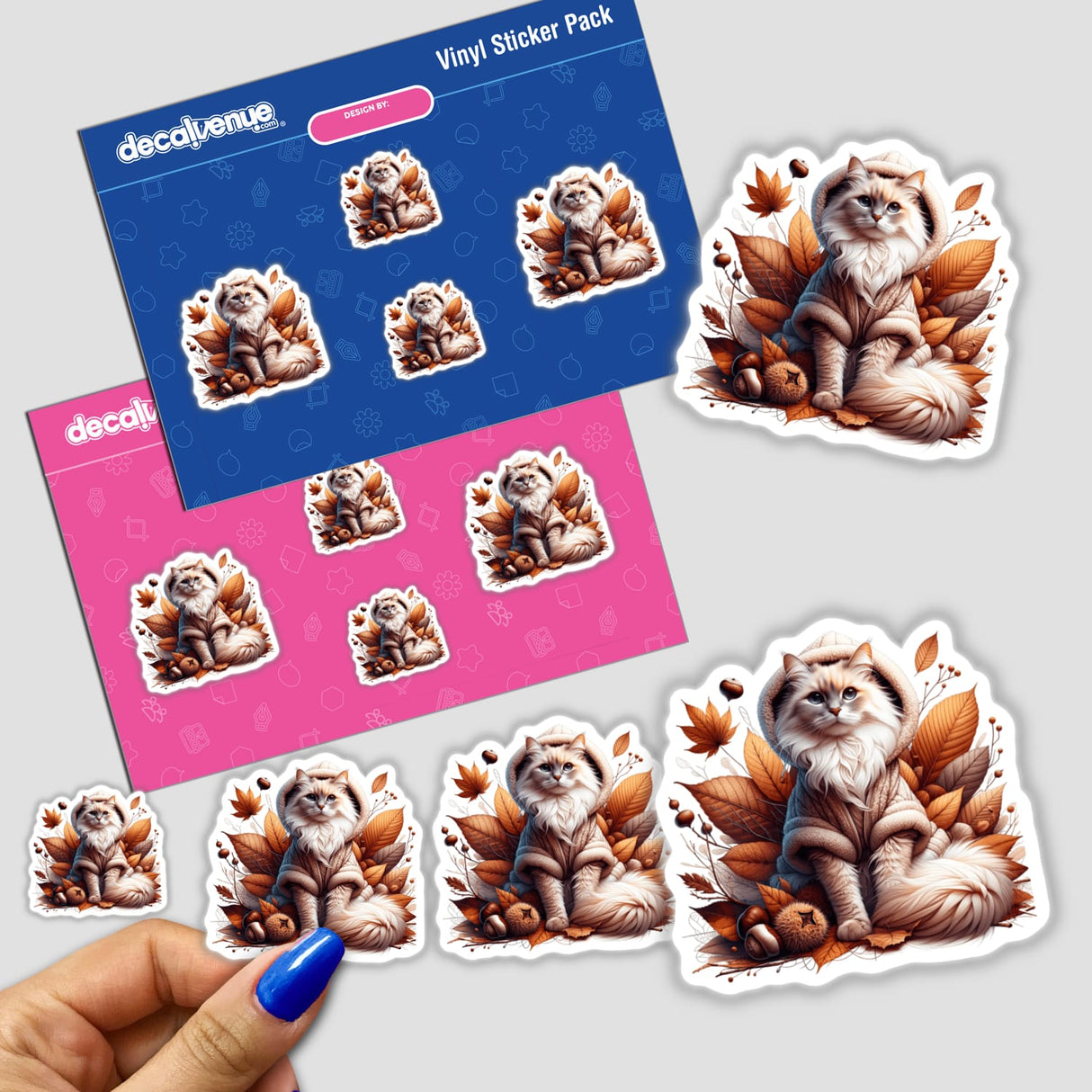 Autumn Cat in Cozy Sweater - Digital Artwork Stickers from Decal Venue, featuring a cute feline wearing a warm sweater amidst autumnal leaves.