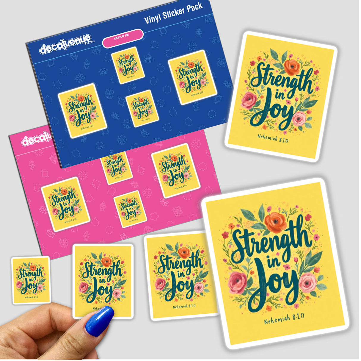 Hand holding a Strength in Joy Nehemiah 8:10 sticker pack, featuring floral designs and text, available as stickers or digital artwork with commercial rights.