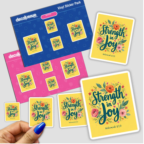 Hand holding a Strength in Joy Nehemiah 8:10 sticker pack, featuring floral designs and text, available as stickers or digital artwork with commercial rights.