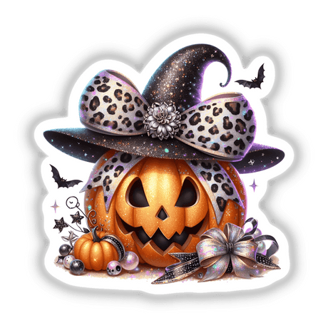 Orange Pumpkin Leopard Coquette Bow Witch Hat, featuring a pumpkin with a stylish hat, leopard print bow, and intricate details, available as stickers or digital artwork from Decal Venue.