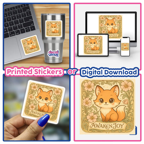 Awaken Joy Kawaii Art Nouveau Sticker or Clipart features an adorable fox design, available as a sticker or digital artwork, ideal for adding uplifting charm to various projects.