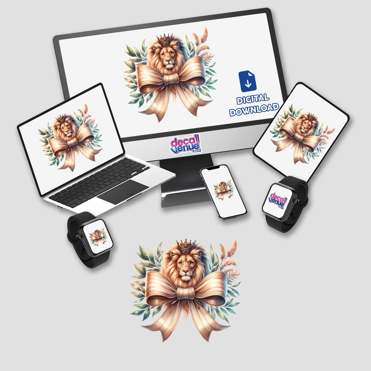 Lion Coquette Bow design on a computer monitor, laptop, tablet, smartphone, and smartwatch. Available as stickers or digital artwork.