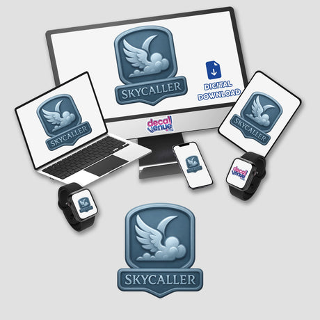 Skycaller badge featuring a silver-blue cloud and wing crest, available as stickers or digital artwork, embodying RPG-style skill aesthetics from Decal Venue's unique vinyl sticker and digital art collection.