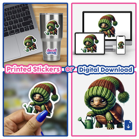 Turtle Gnome with Watering Can sticker collage featuring a cartoon turtle holding a watering can, detailed decals, and a person painting a blue nail. Available as stickers or digital artwork from Decal Venue.