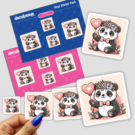 Cute Panda with Flower Crown and Heart Balloon sticker featuring cartoon pandas, some holding balloons, with a close-up of a hand displaying the sticker. Available as stickers or digital artwork.