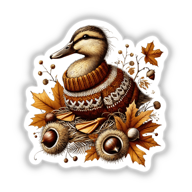 Autumn Duck in Cozy Sweater sticker or digital artwork featuring a duck in a sweater surrounded by leaves and nuts.