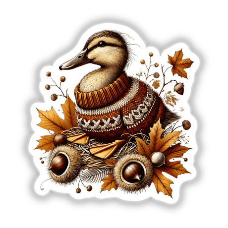 Autumn Duck in Cozy Sweater sticker or digital artwork featuring a duck in a sweater surrounded by leaves and nuts.