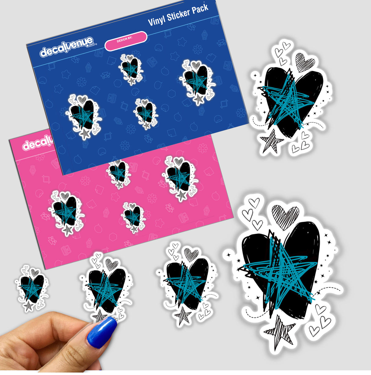 Black heart blue star stickers featuring hearts and stars, showcased on a surface; available as stickers or digital artwork from Decal Venue's unique collection.