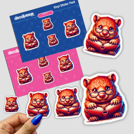 Wombat With Reading Glasses Open Book sticker depicts a cartoon bear engrossed in a book, capturing a cozy reading moment. Suitable for vinyl stickers or digital artwork from Decal Venue.