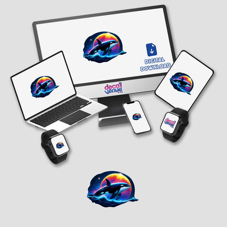 A Cute Magical Orca depicted on a computer monitor and laptop, available as stickers or digital artwork, showcasing a whimsical scene with a whale and moon.