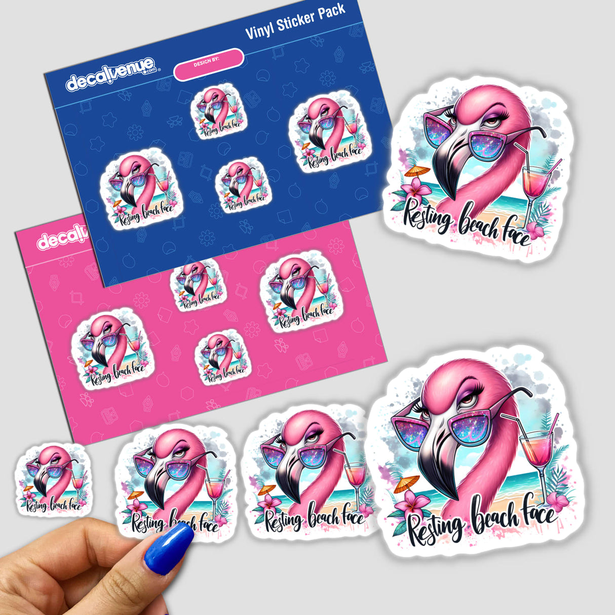 Vibrant pink flamingo in sunglasses and tropical floral stickers, Decal Venue digital artwork, expressing relaxed beach style